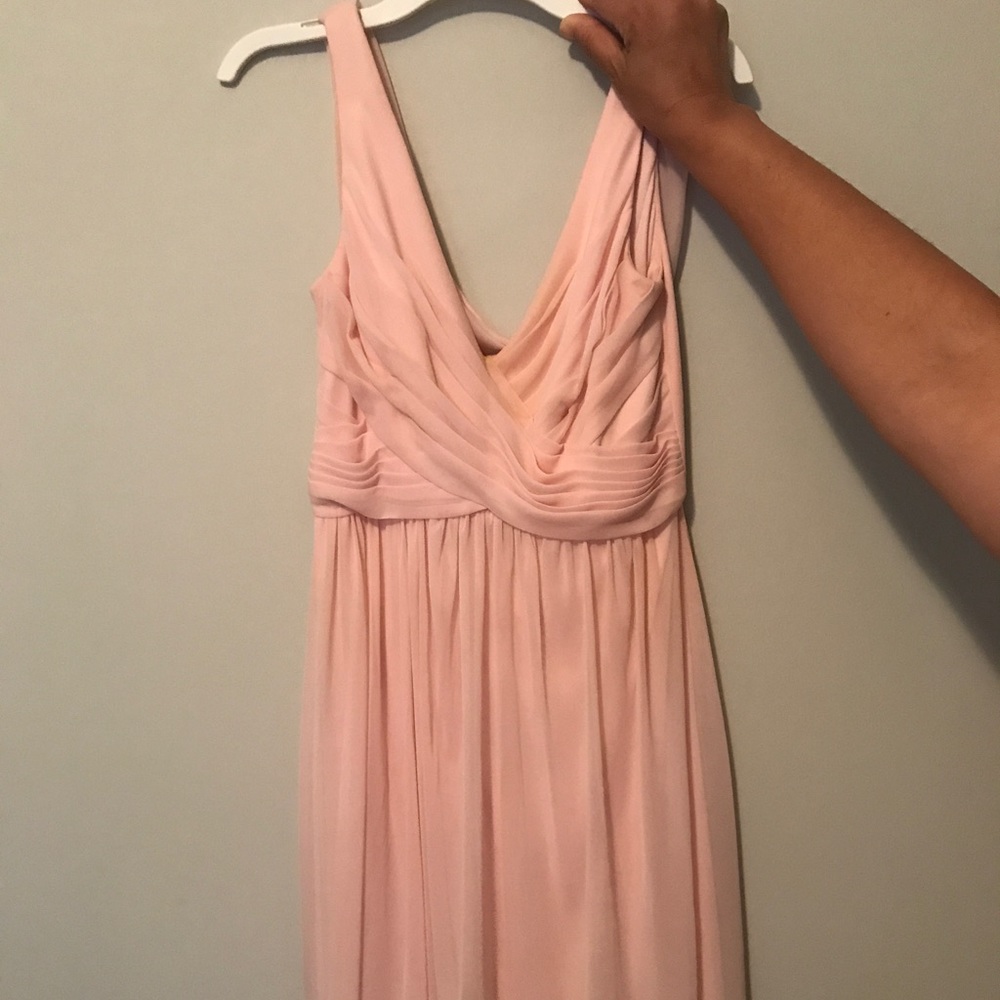 David's Bridal blush pink bridesmaid dress.